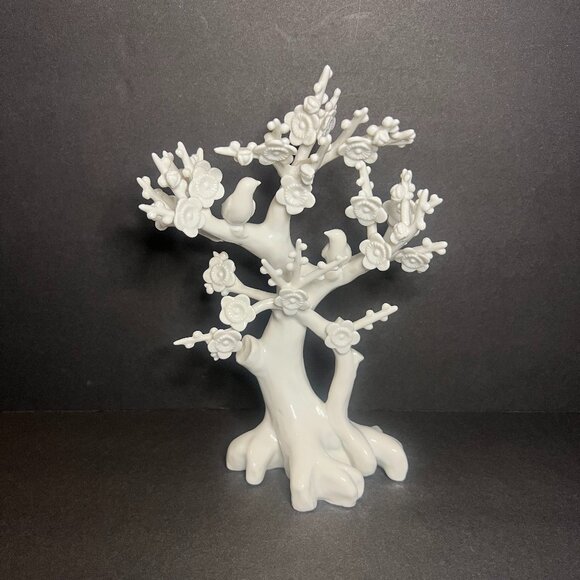 Vintage Andrea by Sadek White Porcelain Cherry Tree w/ Doves Decor Figure 8.5" - Picture 1 of 10
